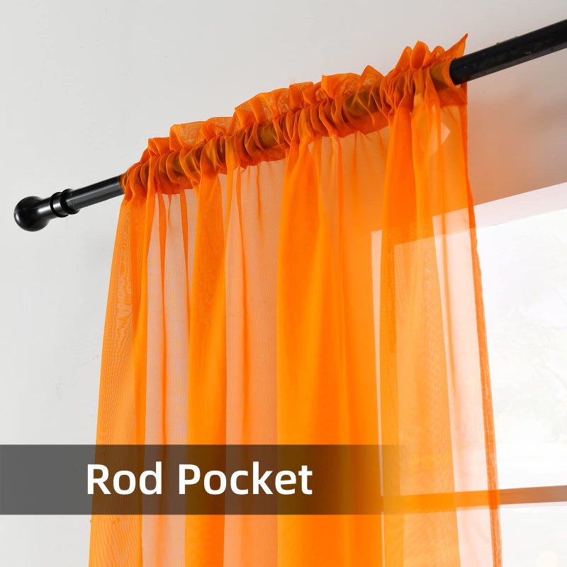 youleyar Solid Sheer Rod Pocket Curtain Voile Draperies 2 Panels White Beige Black Grey Coffee 52 Inch Width 72 Inch Long 1 Pair for Kitchen Bedroom Children Living Room Yard (Orange,52Wx72L) - Image 3